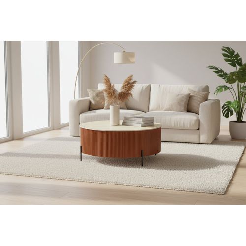 Table Basse Ronde Céramique Effet Travertin Noisette 80cm Ruby