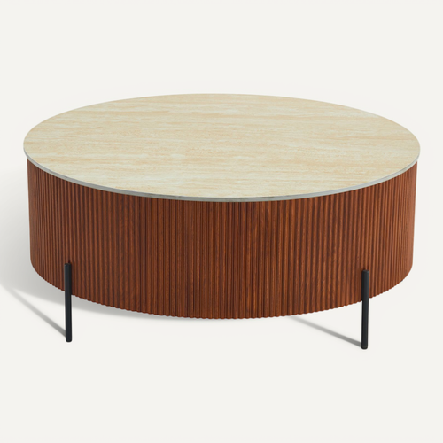 Table Basse Ronde Céramique Effet Travertin Noisette 80cm Ruby