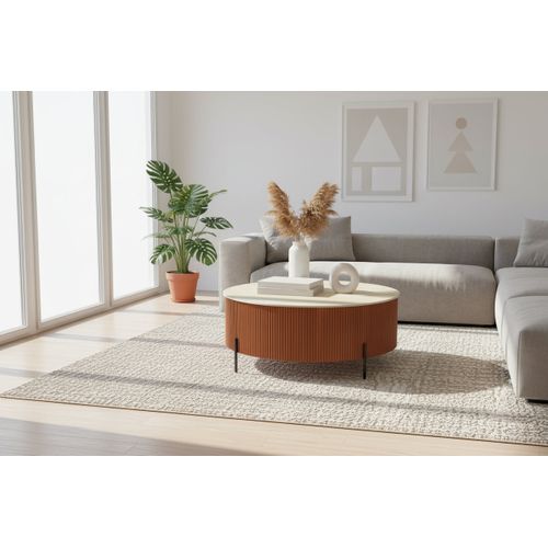 Table Basse Ronde Céramique Effet Travertin Noisette 90cm Métal Noir Ruby