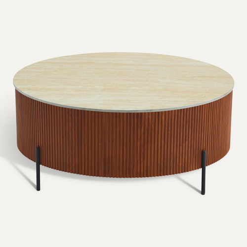 Table Basse Ronde Céramique Effet Travertin Noisette 90cm Métal Noir Ruby