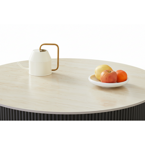 Table Basse Ruby Ronde Plateau Céramique Effet Travertin Noir Pied Métal Noir D90xh45 Cm