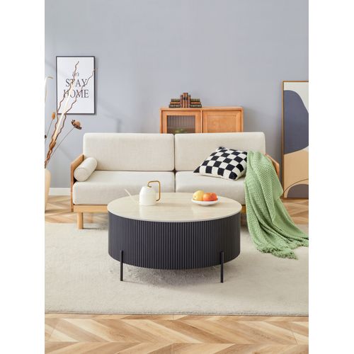 Table Basse Ruby Ronde Plateau Céramique Effet Travertin Noir Pied Métal Noir D90xh45 Cm