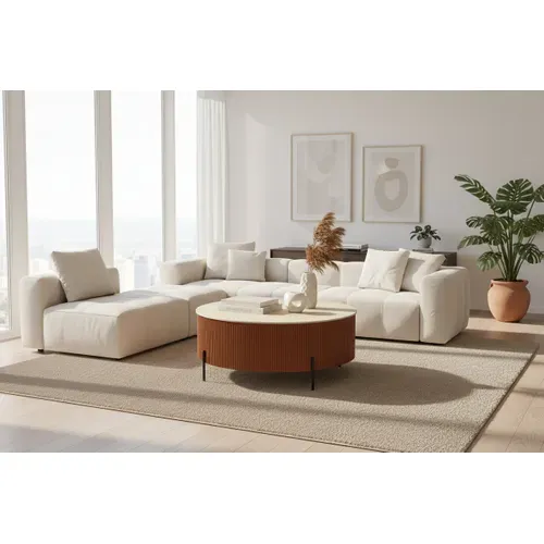Table Basse Ronde Céramique Effet Travertin Noisette D100xh45 Cm Ruby