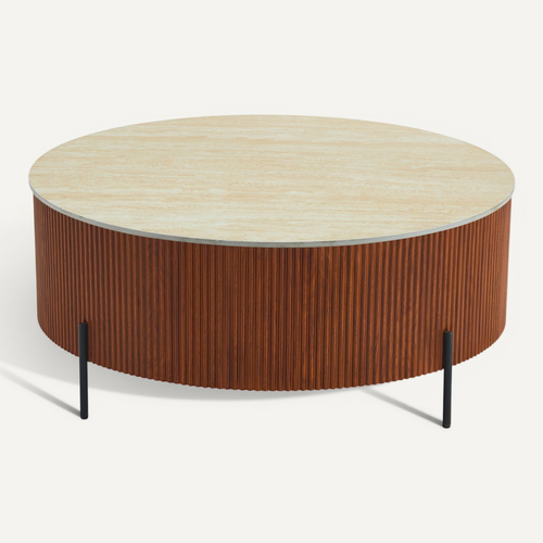 Table Basse Ronde Céramique Effet Travertin Noisette D100xh45 Cm Ruby