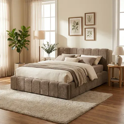 Lit Coffre 180x200 – Tissu Chenille Moka, Sommier Inclus