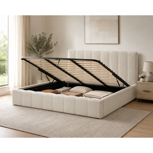 Lit Coffre 180x200 Cm – Tissu Chenille Beige, Sommier À Lattes Inclus