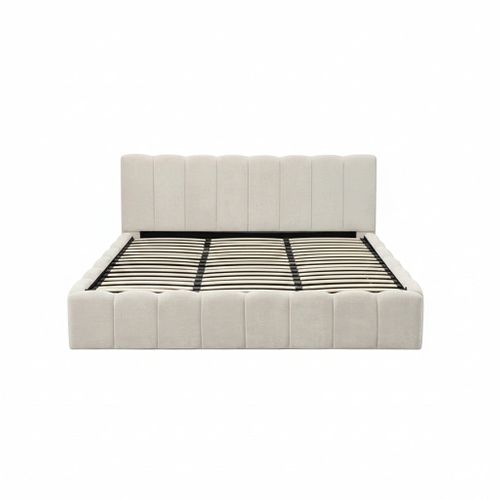 Lit Coffre 180x200 Cm – Tissu Chenille Beige, Sommier À Lattes Inclus