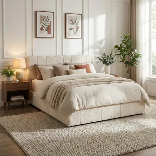 Lit Coffre 180x200 Cm – Tissu Chenille Beige, Sommier À Lattes Inclus