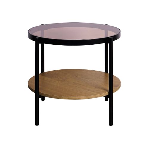 Table Basse / D'appoint Ronde 52 X 52 Cm Décor Bois Et Métal Noir. 2 Plateaux Dont Un En Verre