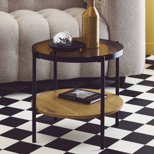 Table Basse / D'appoint Ronde 52 X 52 Cm Décor Bois Et Métal Noir. 2 Plateaux Dont Un En Verre