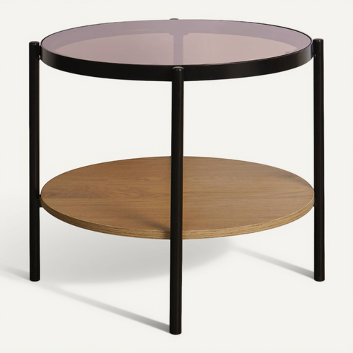 Table Basse / D'appoint Ronde 52 X 52 Cm Décor Bois Et Métal Noir. 2 Plateaux Dont Un En Verre
