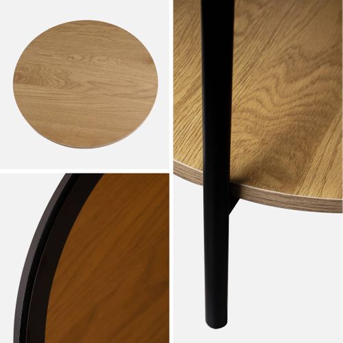 Table Basse / D'appoint Ronde 52 X 52 Cm Décor Bois Et Métal Noir. 2 Plateaux Dont Un En Verre