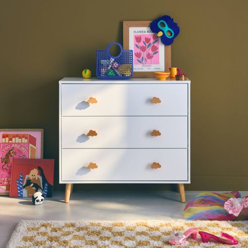 Commode Enfant. Décor Bois. Blanc. 3 Tiroirs. Pieds Et Poignées Nuage En Pin