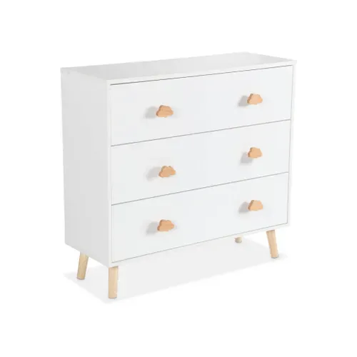 Commode Enfant. Décor Bois. Blanc. 3 Tiroirs. Pieds Et Poignées Nuage En Pin