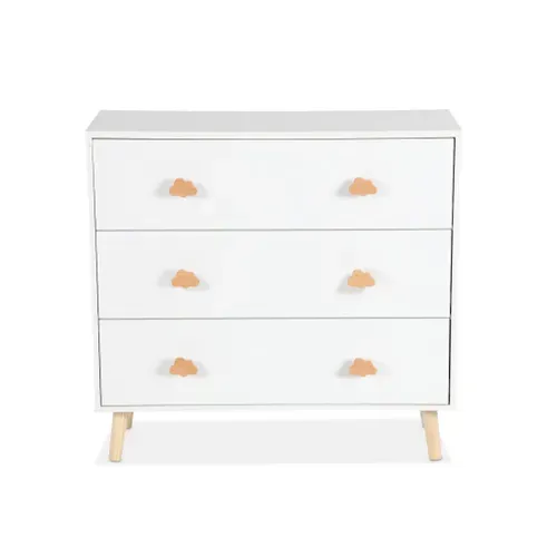 Commode Enfant. Décor Bois. Blanc. 3 Tiroirs. Pieds Et Poignées Nuage En Pin
