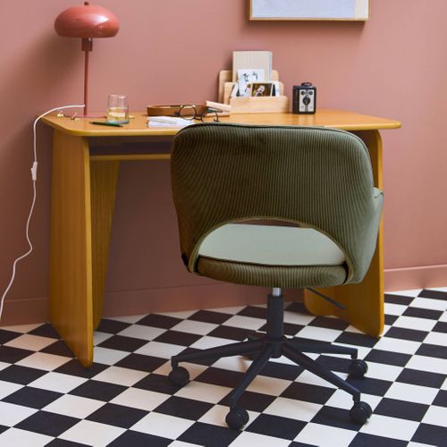 Chaise De Bureau à Roulettes Velours Côtelé Kaki. L 60 X P 62 X H 89 / 99cm