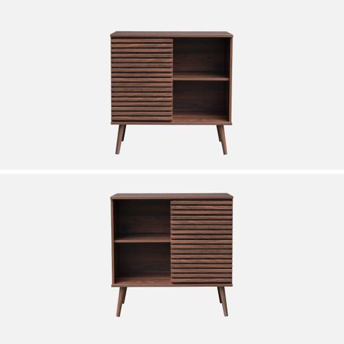 Buffet Scandinave Décor Bois Noyer. Buffet Haut. Vaisselier. Avec 1 Porte Coulissante Rainurée Et 2