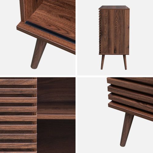 Buffet Scandinave Décor Bois Noyer. Buffet Haut. Vaisselier. Avec 1 Porte Coulissante Rainurée Et 2