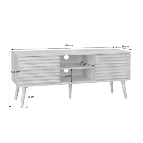 Meuble TV Scandinave Avec 2 Portes Décor Bois Noyer Rainuré Et 1 Niche Centrale Avec Étagère L120cm