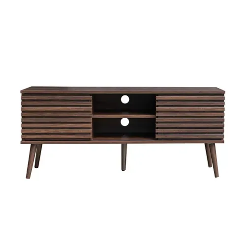Meuble TV Scandinave Avec 2 Portes Décor Bois Noyer Rainuré Et 1 Niche Centrale Avec Étagère L120cm