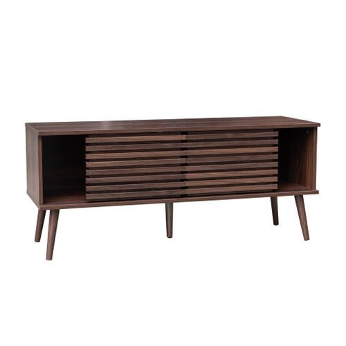 Meuble TV Scandinave Avec 2 Portes Décor Bois Noyer Rainuré Et 1 Niche Centrale Avec Étagère L120cm