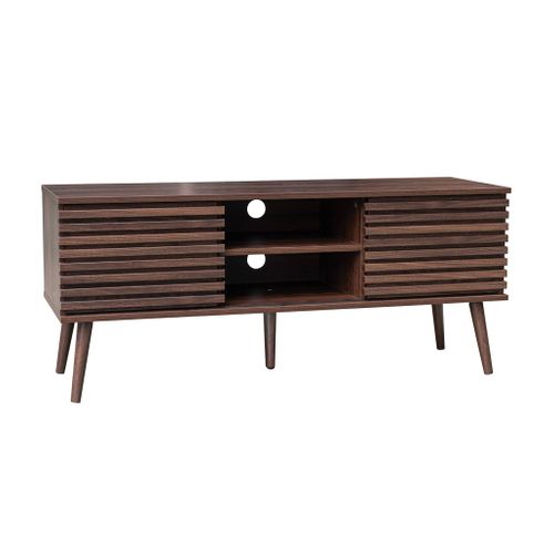 Meuble TV Scandinave Avec 2 Portes Décor Bois Noyer Rainuré Et 1 Niche Centrale Avec Étagère L120cm