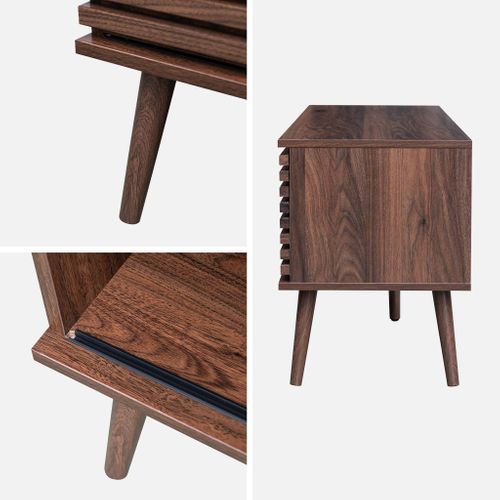 Meuble TV Scandinave Avec 2 Portes Décor Bois Noyer Rainuré Et 1 Niche Centrale Avec Étagère L120cm