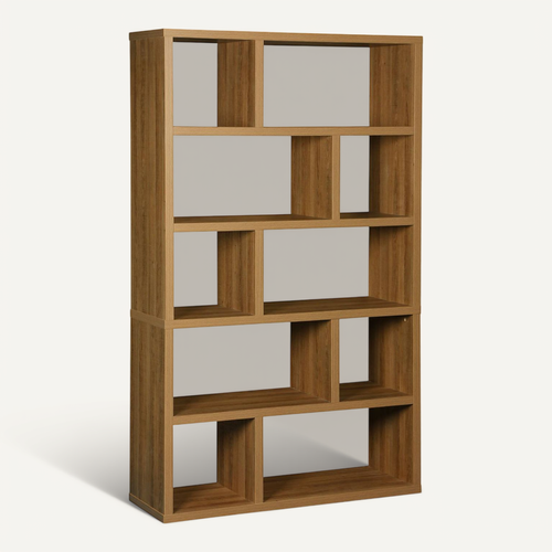 Etagère Bibliothèque Asymétrique 5 Niveaux 10 Compartiments. Casiers. Effet Bois De Manguier. L