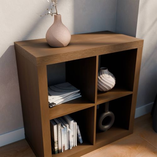 Etagère Bibliothèque Cubique 2 Niveaux 4 Compartiments. Casiers. Effet Bois De Noyer. L 76 X P 39 X