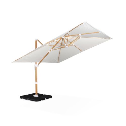 Parasol Déporté Carré Ecru 3x3m Structure Effet Bois + Lot De 4 Dalles à Lester 50x50cm