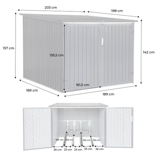 Abri à Vélo. Rangement 4 Vélos. Gris En Acier Galvanisé. L 203 X P 198 X H 157 Cm