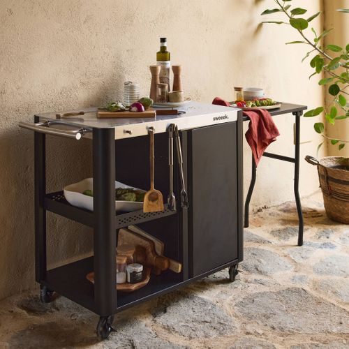 Desserte Extérieure Andy Noire Mat En Acier Inoxydable 94.5 Cm Avec Tablette Rabattable. L 156 X L