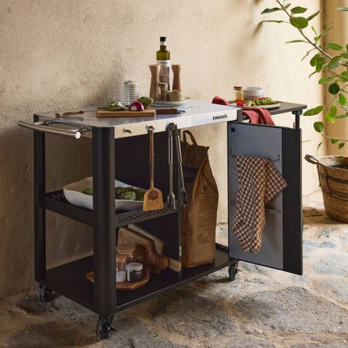 Desserte Extérieure Andy Noire Mat En Acier Inoxydable 94.5 Cm Avec Tablette Rabattable. L 156 X L