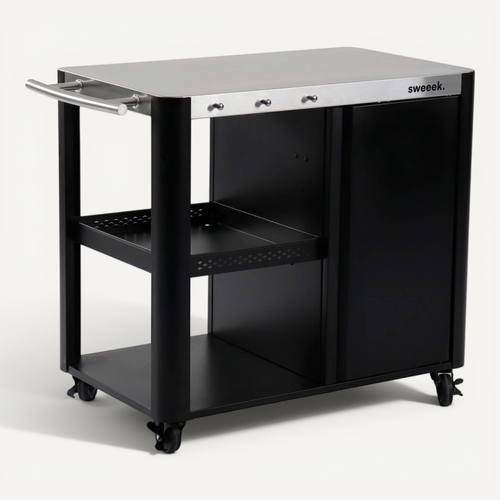 Desserte Extérieure Andy Noire Mat En Acier Inoxydable 94.5 Cm Avec Tablette Rabattable. L 156 X L