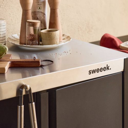 Desserte Extérieure Andy Noire Mat En Acier Inoxydable 94.5 Cm Avec Tablette Rabattable. L 156 X L
