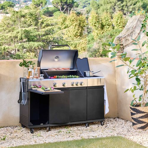 Barbecue Gaz 4 Brûleurs + 1 Feu Latéral Maxim Noir. Acier. Thermomètre Intégré. Récupérateur De
