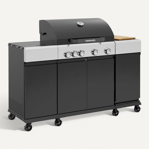 Barbecue Gaz 4 Brûleurs + 1 Feu Latéral Maxim Noir. Acier. Thermomètre Intégré. Récupérateur De