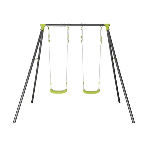 Portique Balançoire Double En Métal Bise. 2 Places. Noir Et Vert. Acier. L 217 X P 153 X H 195 Cm