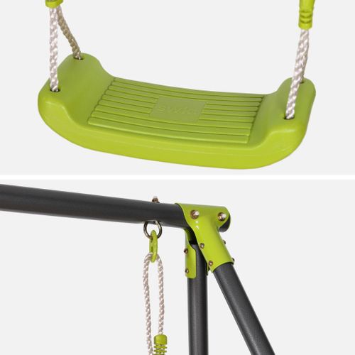 Portique Balançoire Double En Métal Bise. 2 Places. Noir Et Vert. Acier. L 217 X P 153 X H 195 Cm