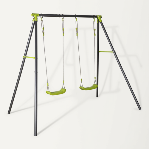 Portique Balançoire Double En Métal Bise. 2 Places. Noir Et Vert. Acier. L 217 X P 153 X H 195 Cm