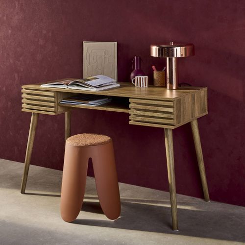 Bureau Décor Bois 2 Tiroirs Madere Naturel. 1 Casier. Façade Rainurées. 120 X 55 X 76.5 Cm