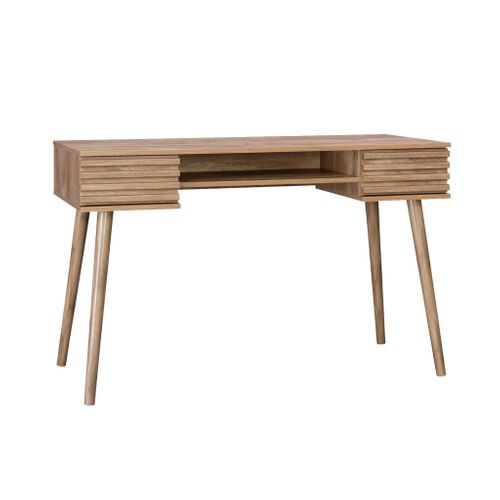 Bureau Décor Bois 2 Tiroirs Madere Naturel. 1 Casier. Façade Rainurées. 120 X 55 X 76.5 Cm