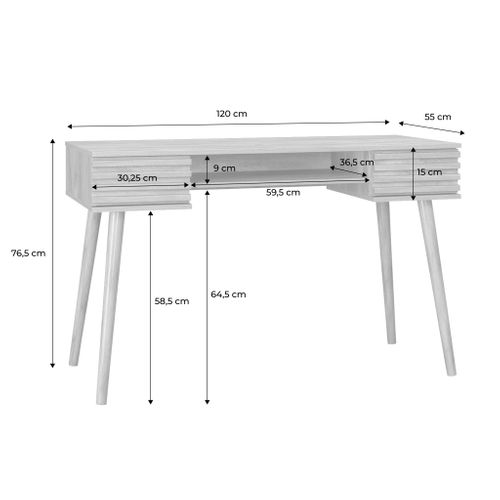 Bureau Décor Bois 2 Tiroirs Madere Naturel. 1 Casier. Façade Rainurées. 120 X 55 X 76.5 Cm