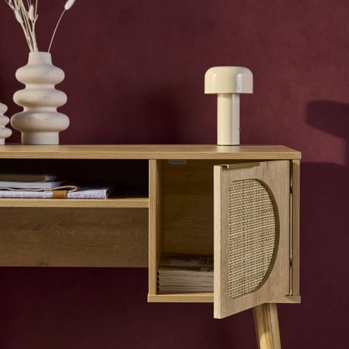 Bureau Décor Bois Et Cannage 2 Portes Eva Naturel 120 X 55 X 76.5 Cm