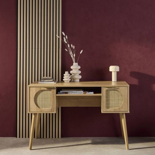 Bureau Décor Bois Et Cannage 2 Portes Eva Naturel 120 X 55 X 76.5 Cm