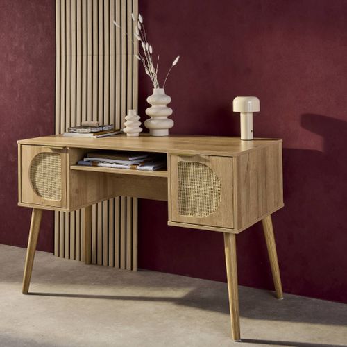 Bureau Décor Bois Et Cannage 2 Portes Eva Naturel 120 X 55 X 76.5 Cm