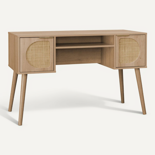 Bureau Décor Bois Et Cannage 2 Portes Eva Naturel 120 X 55 X 76.5 Cm