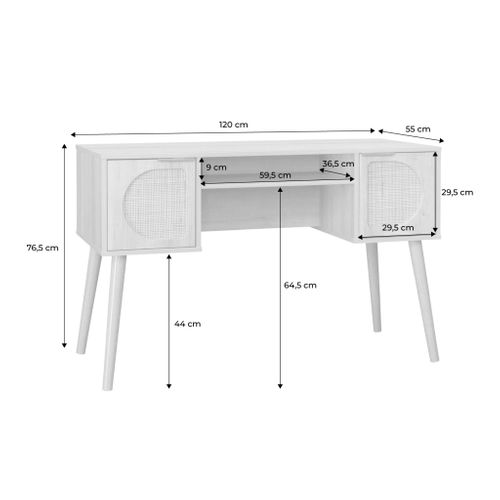Bureau Décor Bois Et Cannage 2 Portes Eva Naturel 120 X 55 X 76.5 Cm