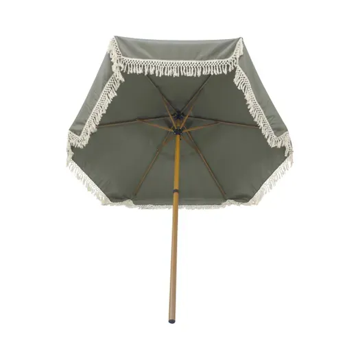 Parasol Hossegor Droit à Franges 2m. Kaki. Acier. Mât Effet Bois. Upf 30+. D 200 X H 225 Cm