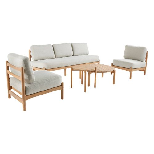 Salon De Jardin Copacabana 5 Places En Bois D'acacia. Housse Beige En Lin. Un Banc. Deux Fauteuils.